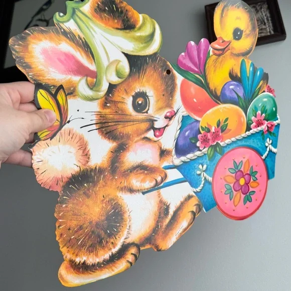 Vintage Easter Bunny Chick Egg Basket Die Cut USA Made Holiday Wall Ephemera - Picture 14 of 15